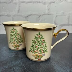 Lenox Holiday Tree Gold Handle Coffee Mugs Christmas Mugs Set of 2